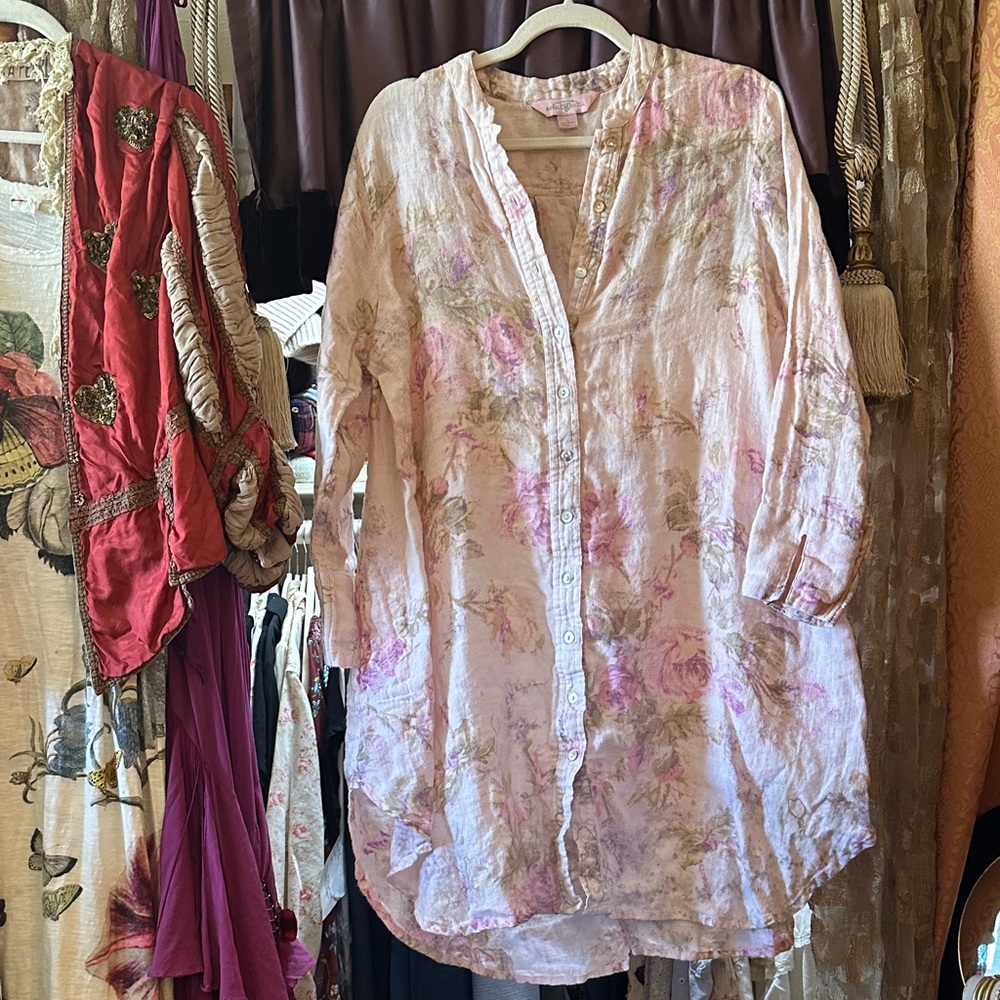 April Cornell Romantic Light Pink Floral Button-Front Tunic 100% Soft Linen